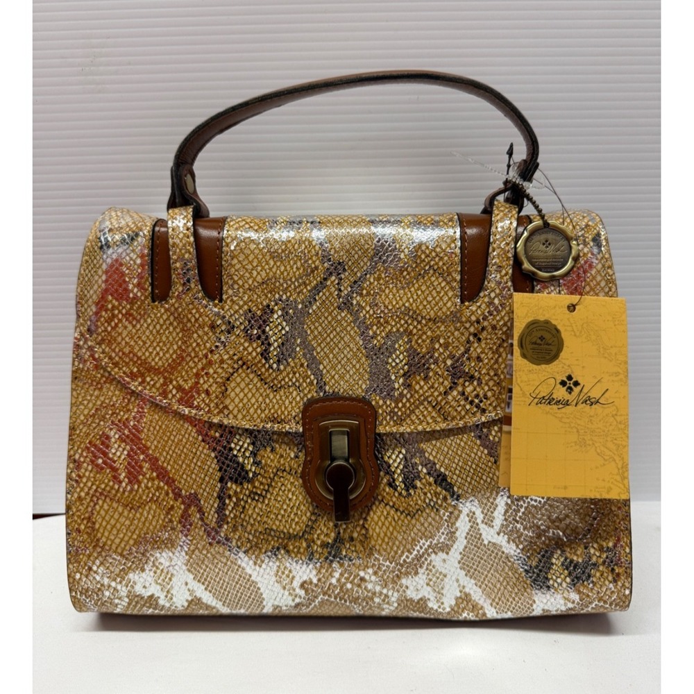 Patricia Nash Leather STINTINO Vintage Leather Flap Satchel Bag METALLIC GOLD
